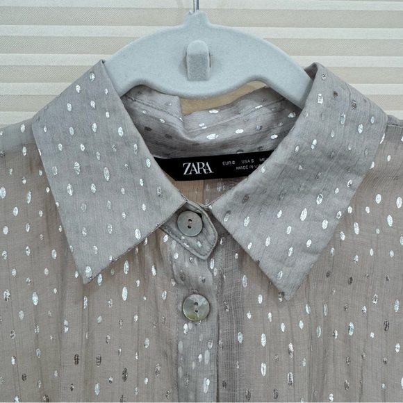 Zara Long Sleeve Button Down Shirt Polka Dot Silver Gray S - Picture 3 of 8